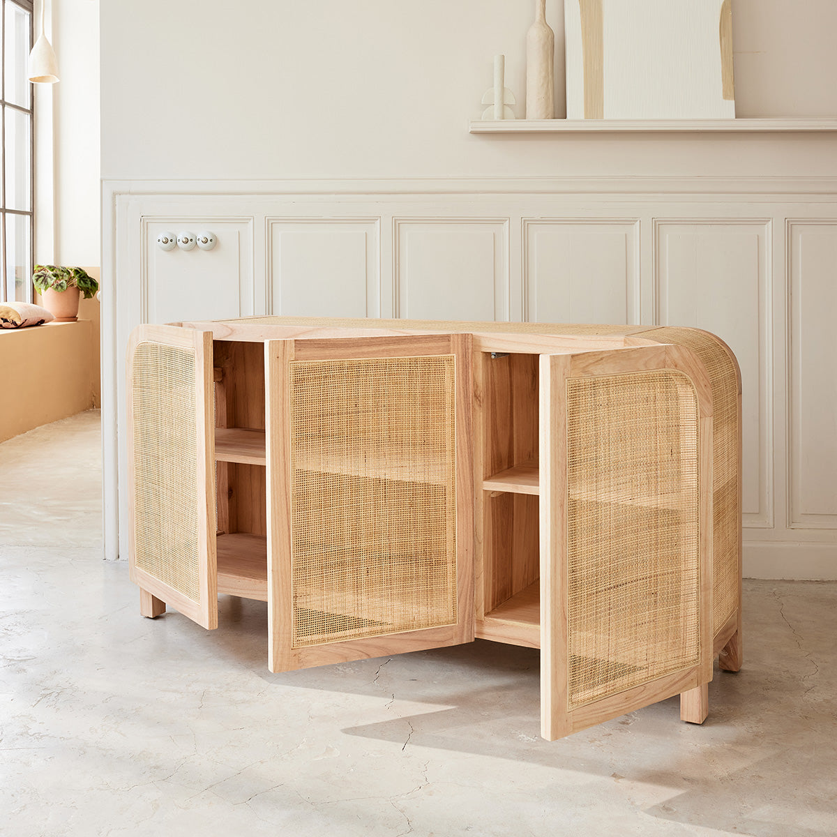 MAËL - Buffet en mindi massif et cannage 150 cm