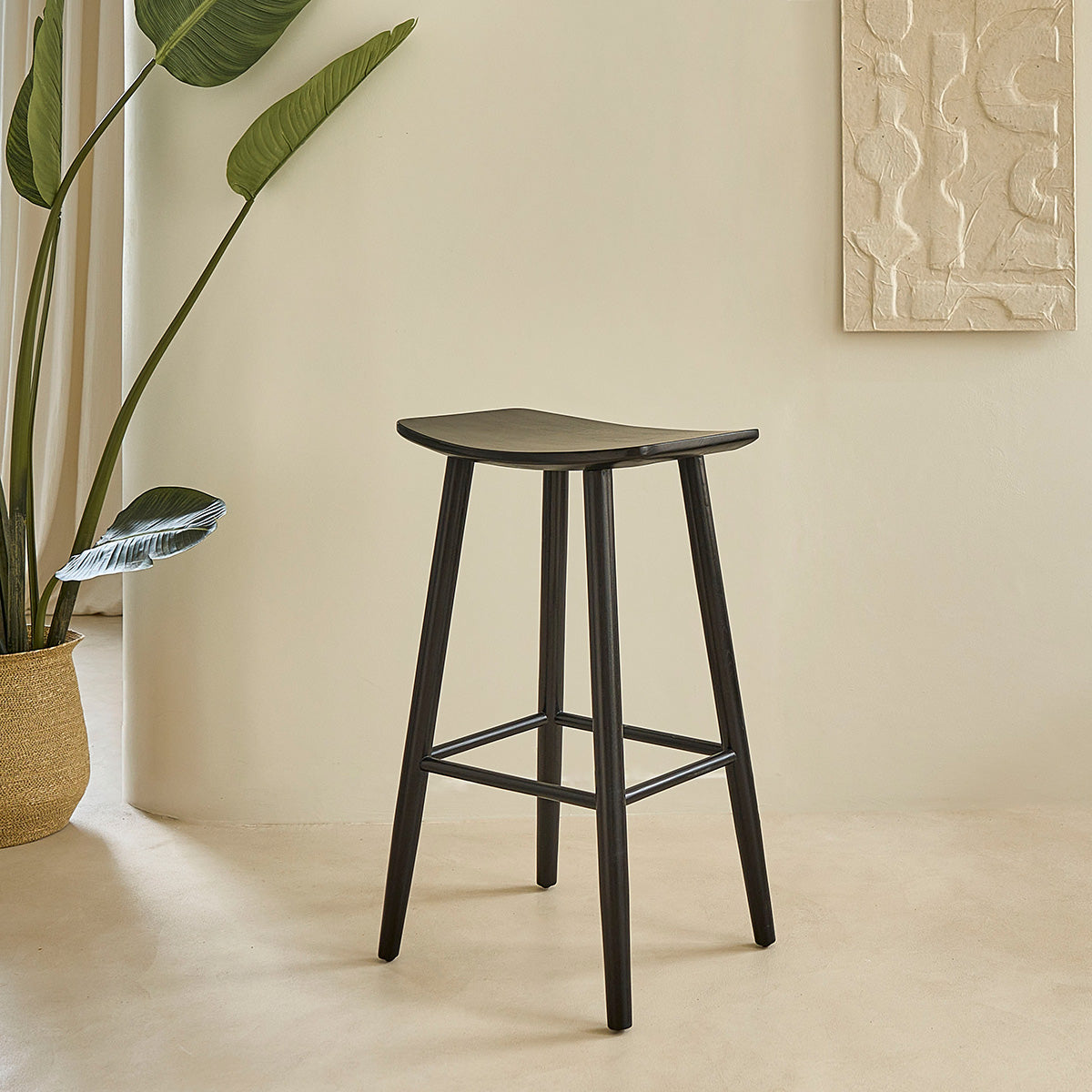 AMBRE - Lot de 2 tabourets de bar en teck massif noir 75 cm