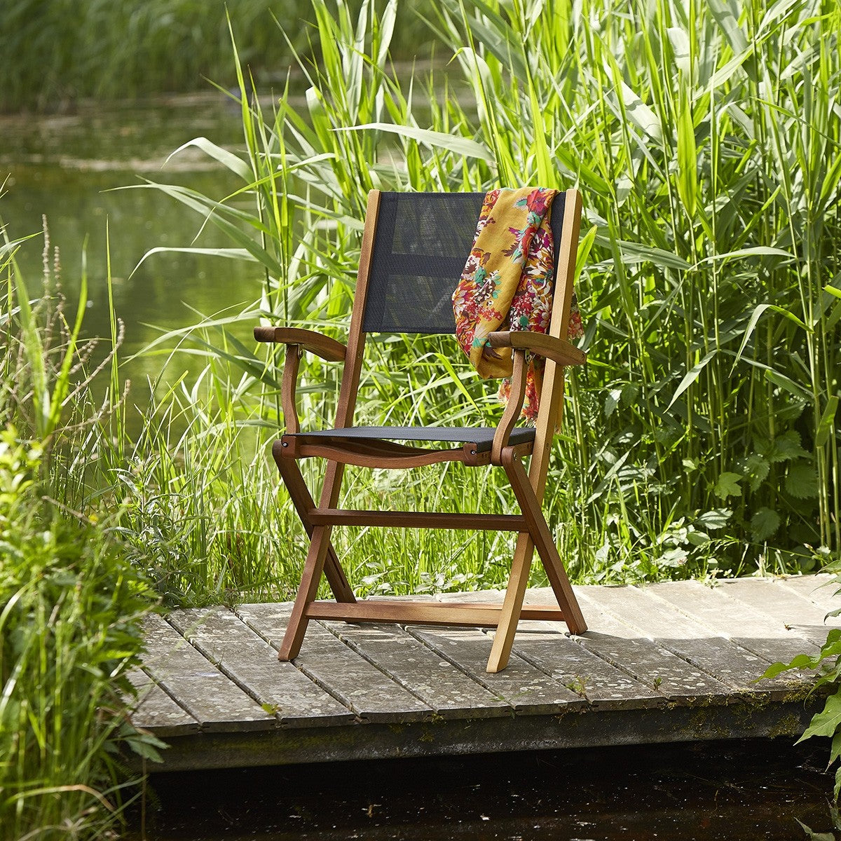 HANOÏ - Fauteuil de jardin en acacia massif et textilène noir