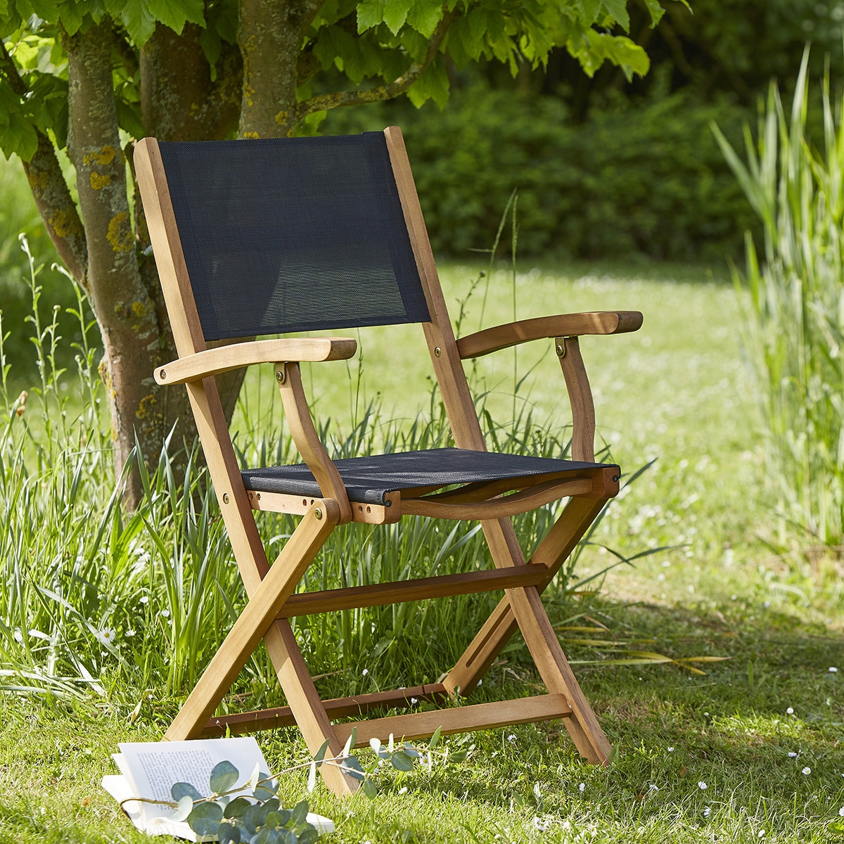 HANOÏ - Fauteuil de jardin en acacia massif et textilène noir