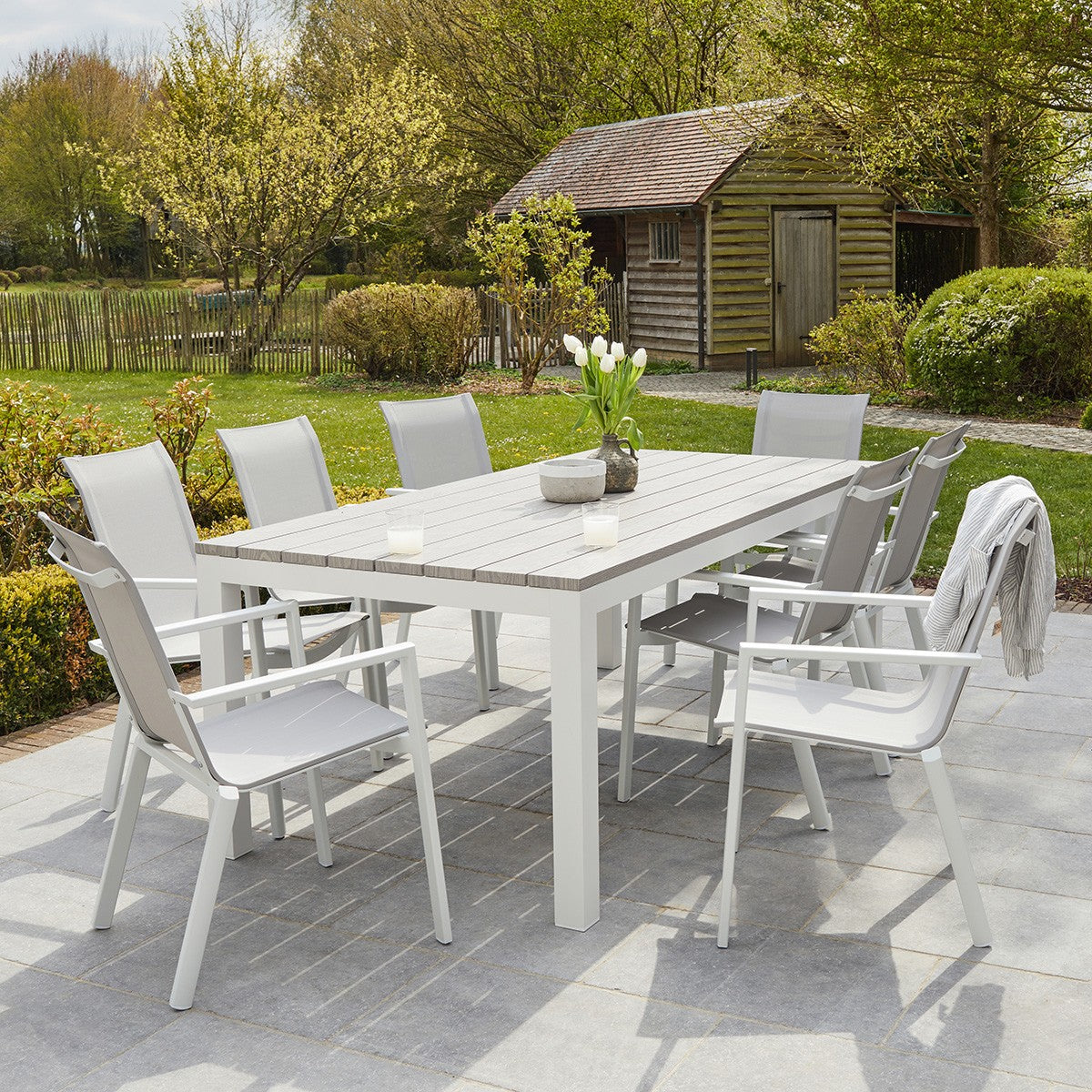 TULUM - Fauteuil de jardin en aluminium blanc et textilène gris