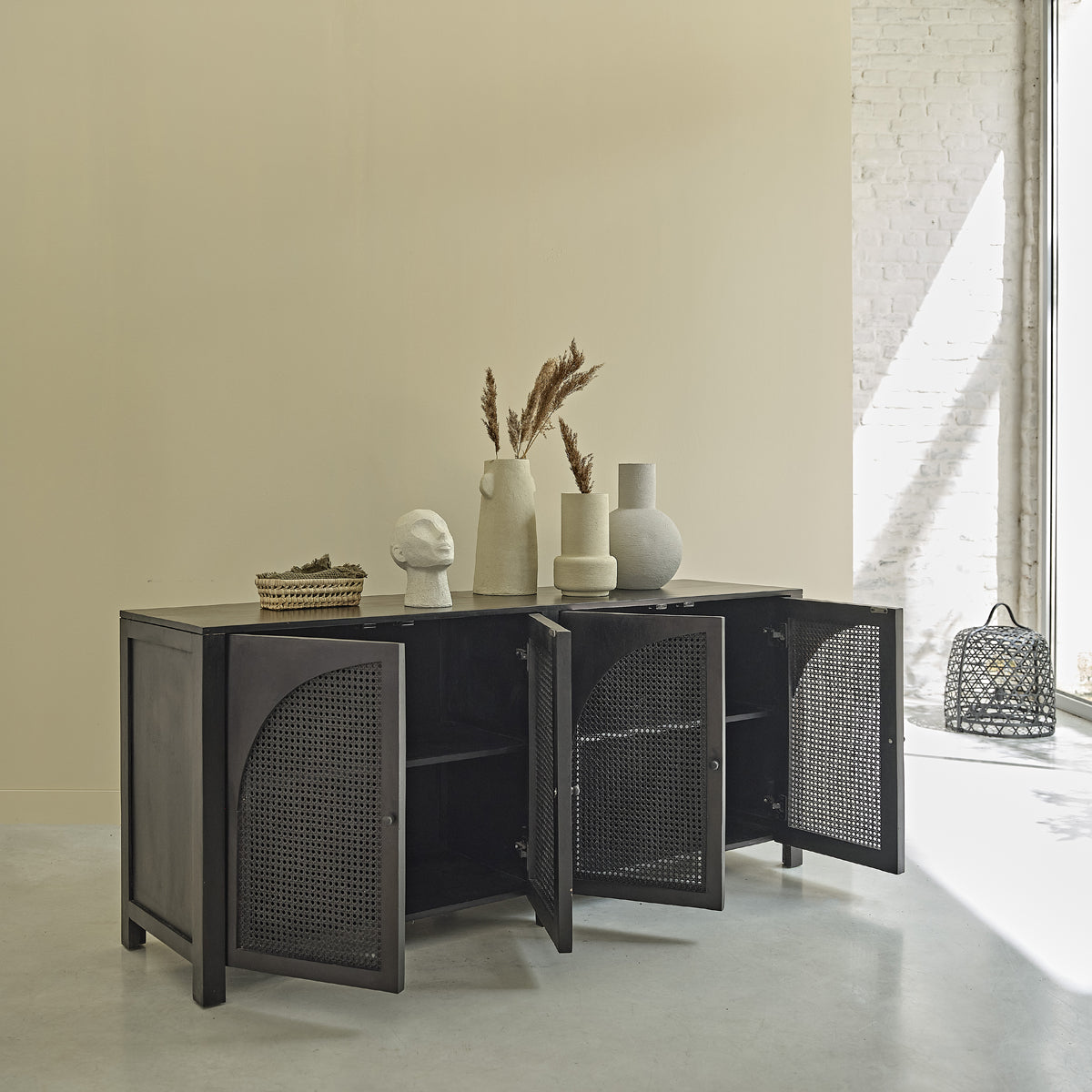 ZULMA - Buffet en manguier massif et cannage noir 175 cm