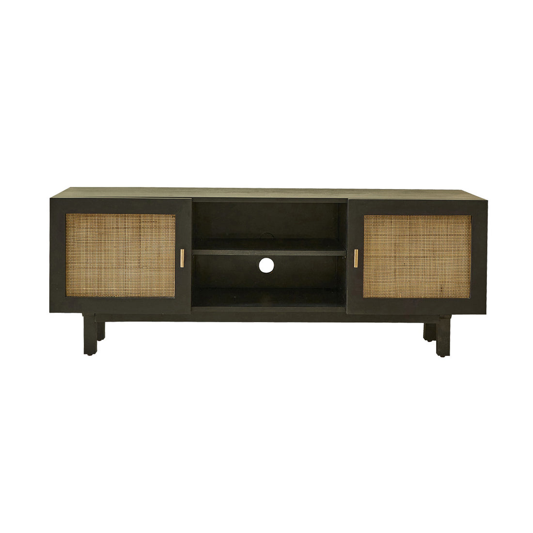 BLAISE - Meuble TV en manguier massif noir et cannage 140 cm