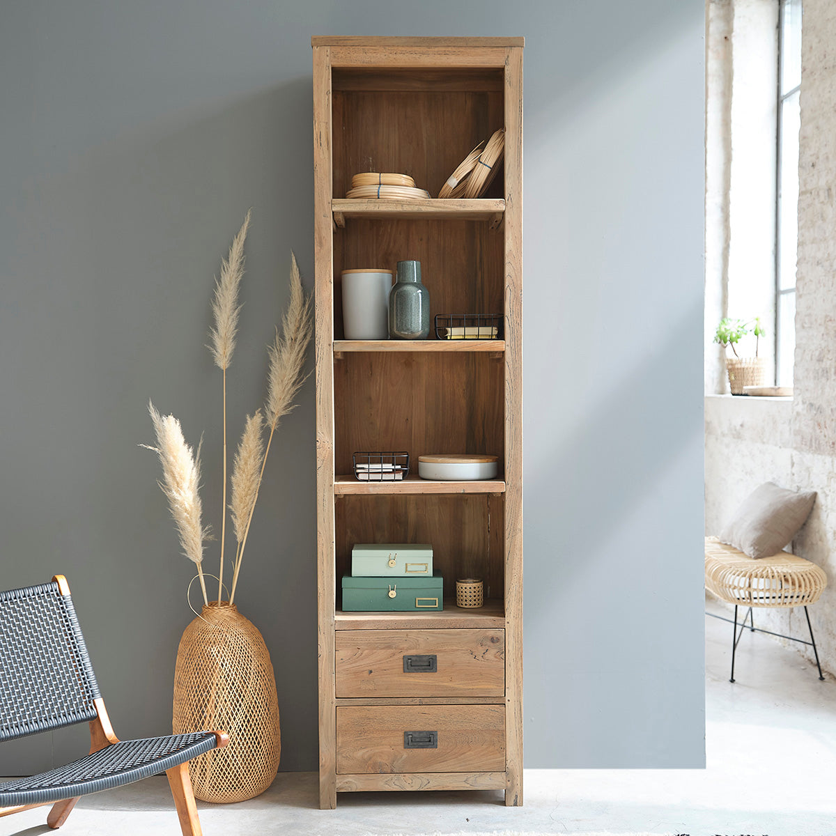 CARGO - Bibliothèque haute en teck massif recyclé, H 220 cm