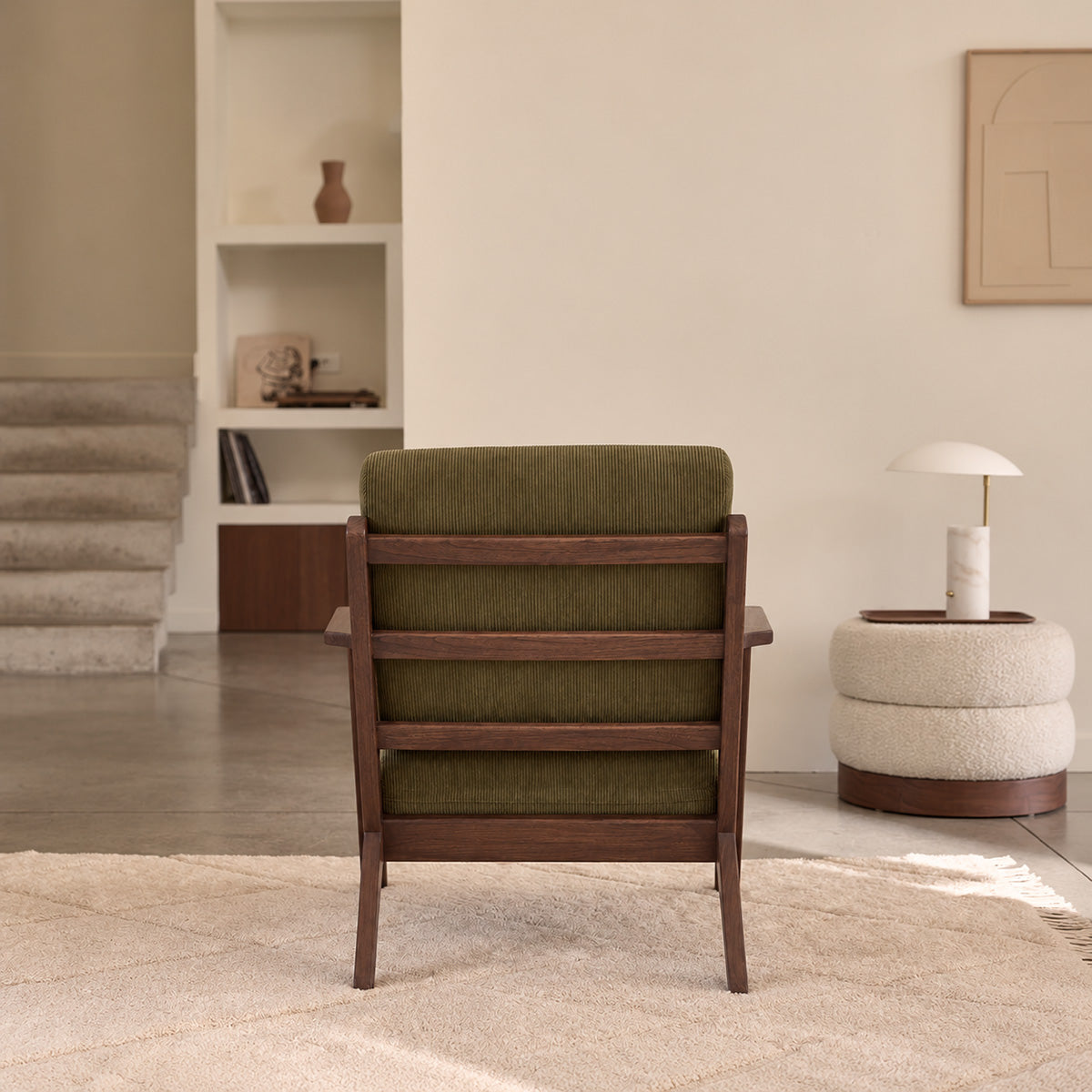 ACHILLE - Fauteuil en mindi massif foncé et velours côtelé vert