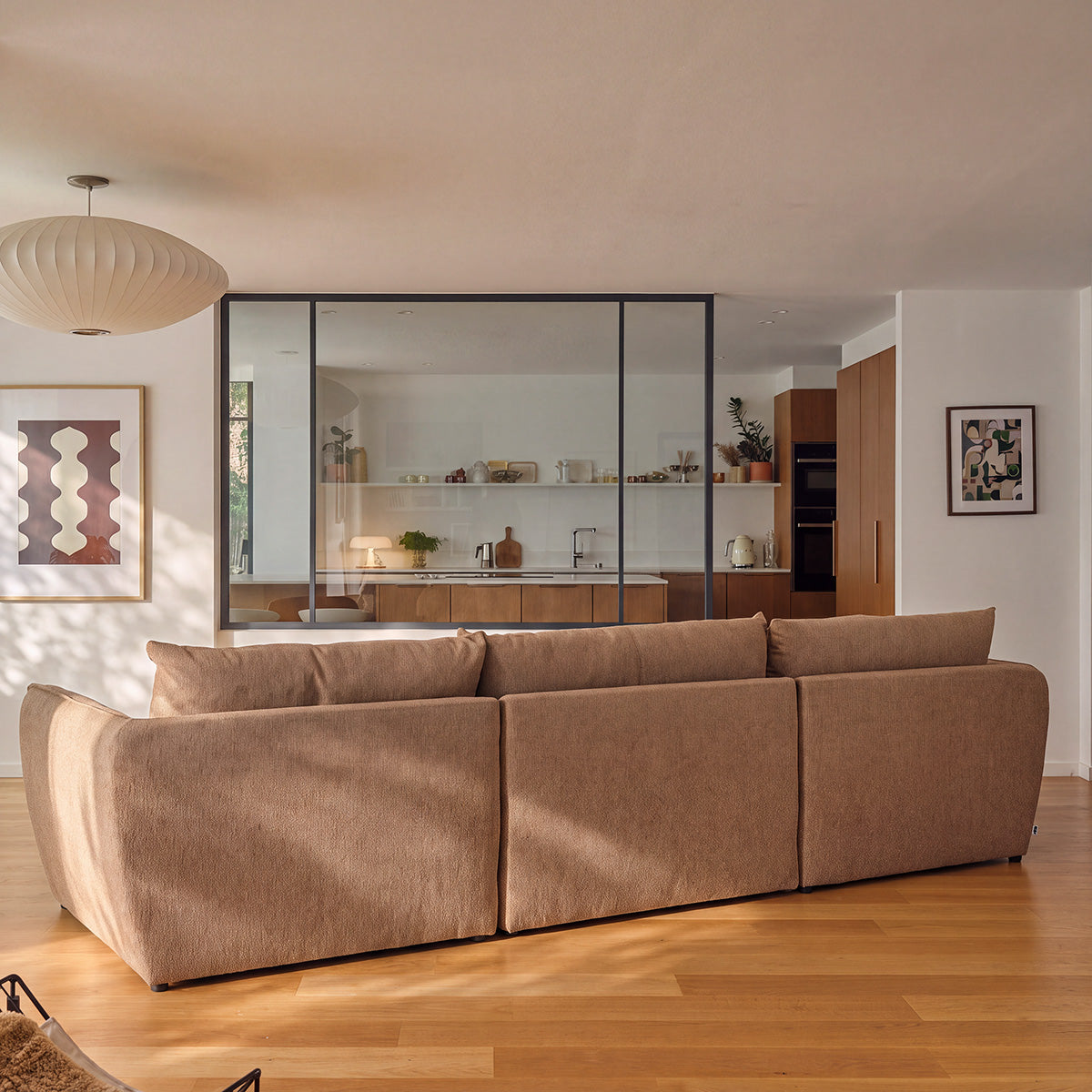 LEOPOLD - Canapé d'angle modulable 3 places en tissu texturé marron clair chiné - méridienne droite