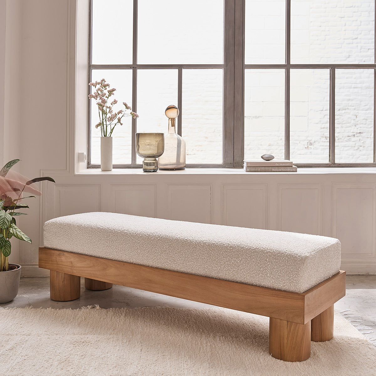 THÉODORE - Banc en teck massif et tissu bouclette 140 cm