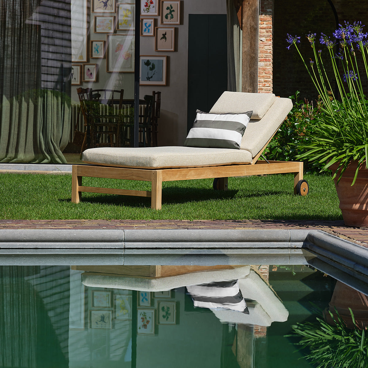 PALOMBAGGIA - Bain de soleil inclinable en teck massif avec coussins beige chiné