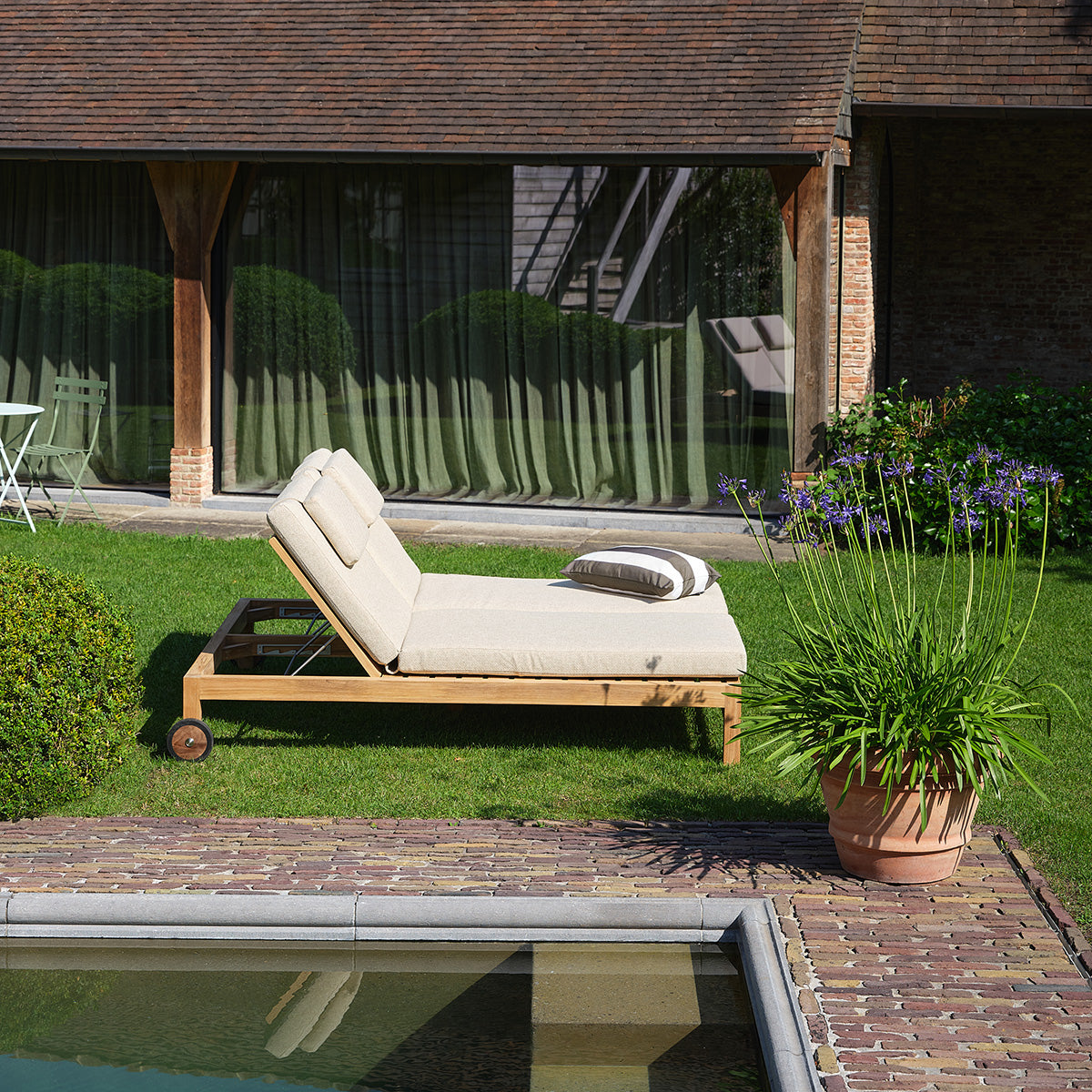 PALOMBAGGIA - Bain de soleil double inclinable en teck massif avec coussins beige chiné