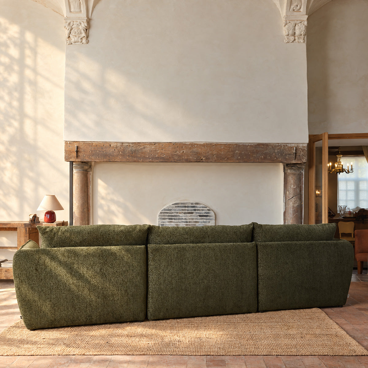 LEOPOLD - Canapé modulable 3 places tissu chenille chiné vert - méridienne droite