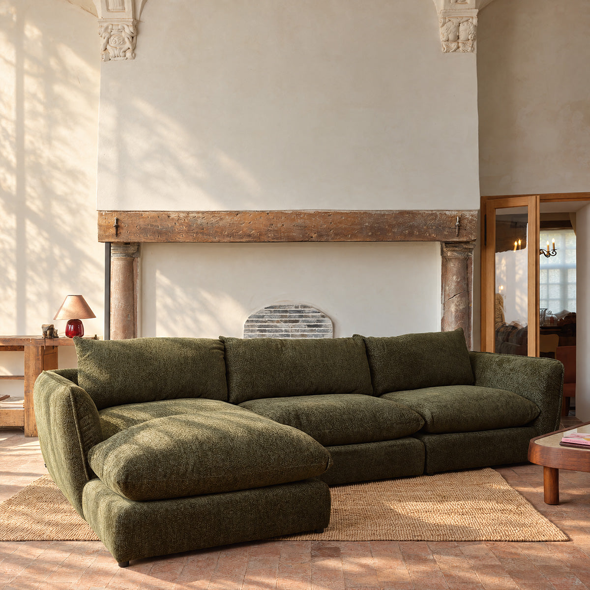 LEOPOLD - Canapé modulable 3 places tissu chenille chiné vert - méridienne gauche