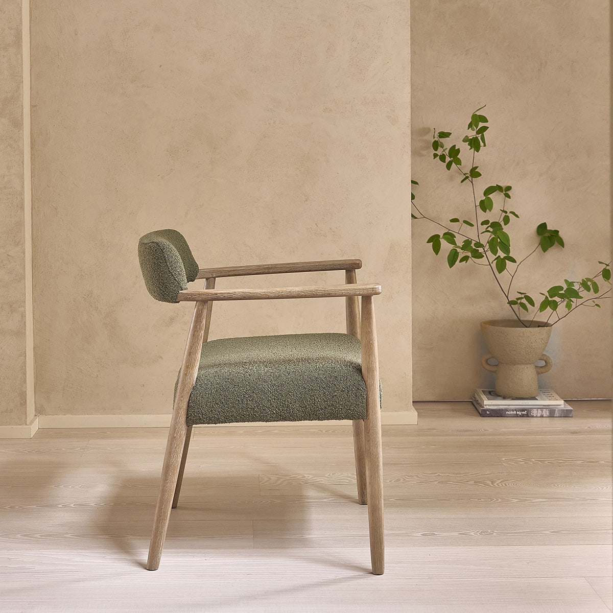 LUISA - Chaise en chêne et tissu bouclette kaki