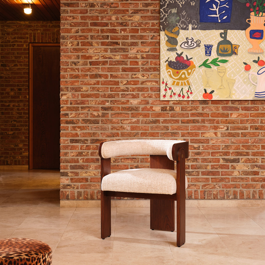 ARCHIBALD - Chaise en mindi massif et tissu texturé beige chiné