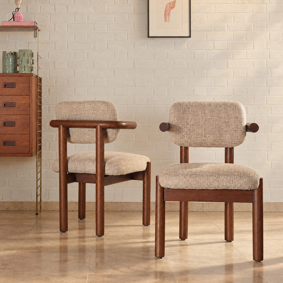 NEO - Lot de 2 chaises en mindi massif et tissu texturé beige chiné