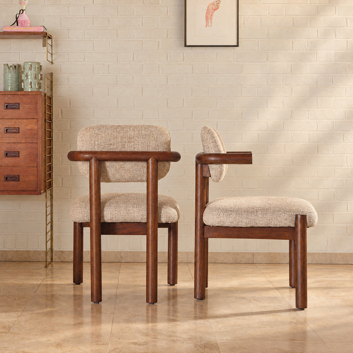 NEO - Lot de 2 chaises en mindi massif et tissu texturé beige chiné