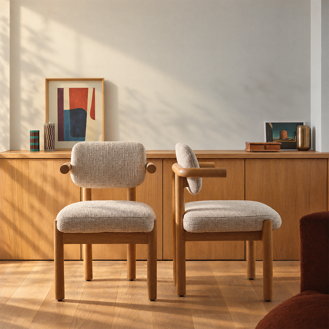 NEO - Lot de 2 chaises en mindi massif naturel et tissu beige chiné