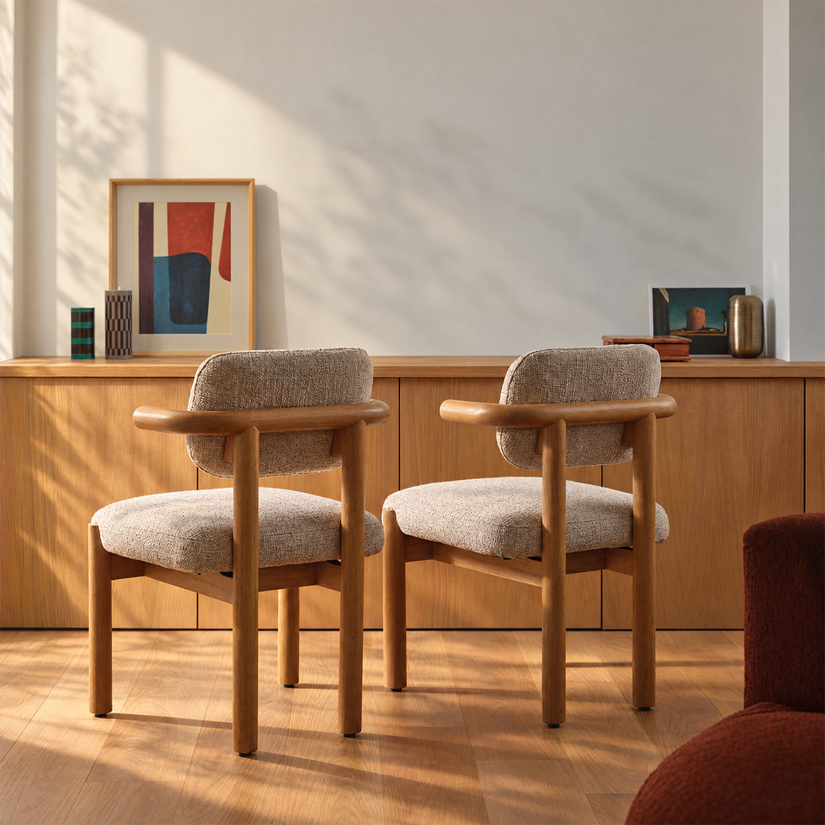 NEO - Lot de 2 chaises en mindi massif naturel et tissu beige chiné