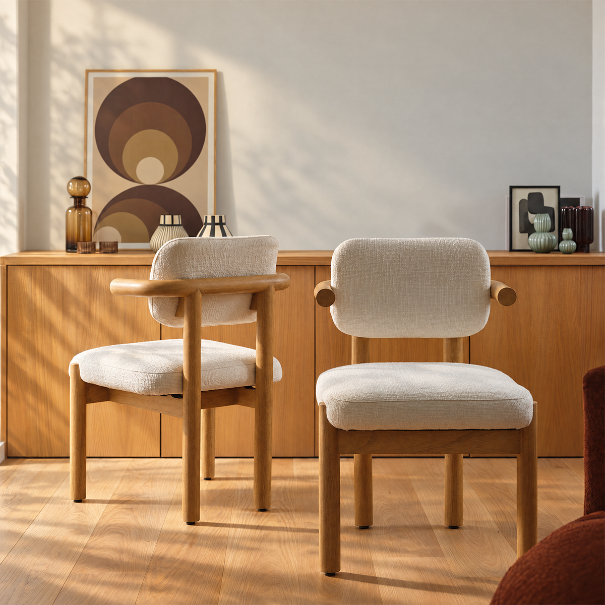 NEO - Lot de 2 chaises en mindi massif naturel et tissu texturé écru