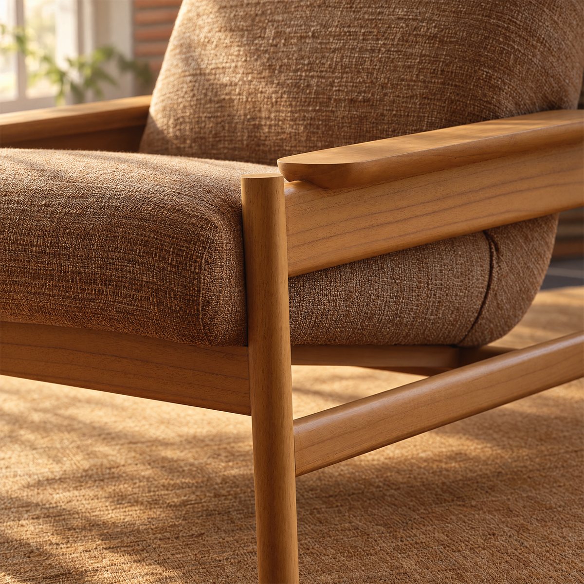 MARCEL - Fauteuil en mindi massif naturel et tissu texturé cappuccino