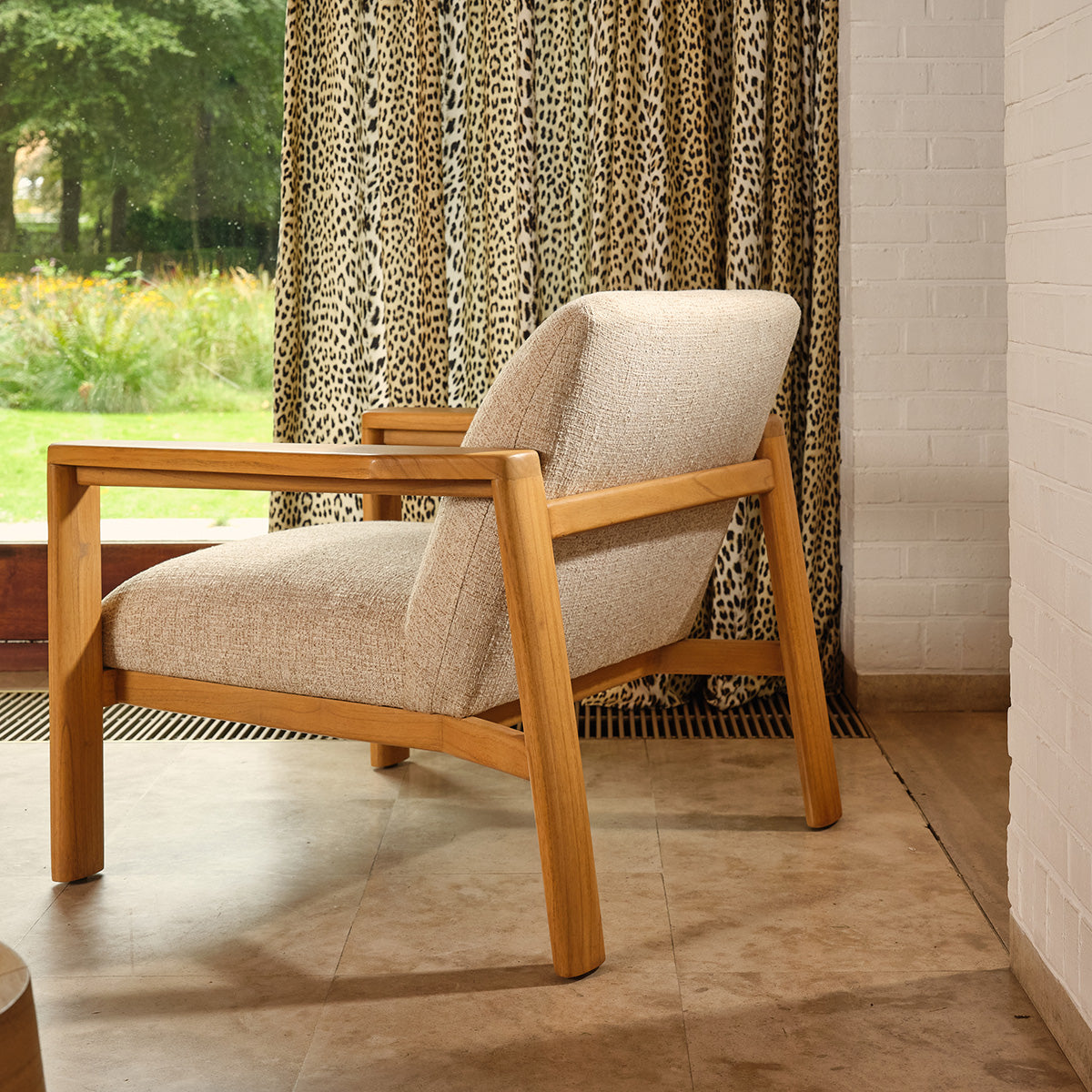 GABRIEL - Fauteuil en mindi massif et tissu beige chiné