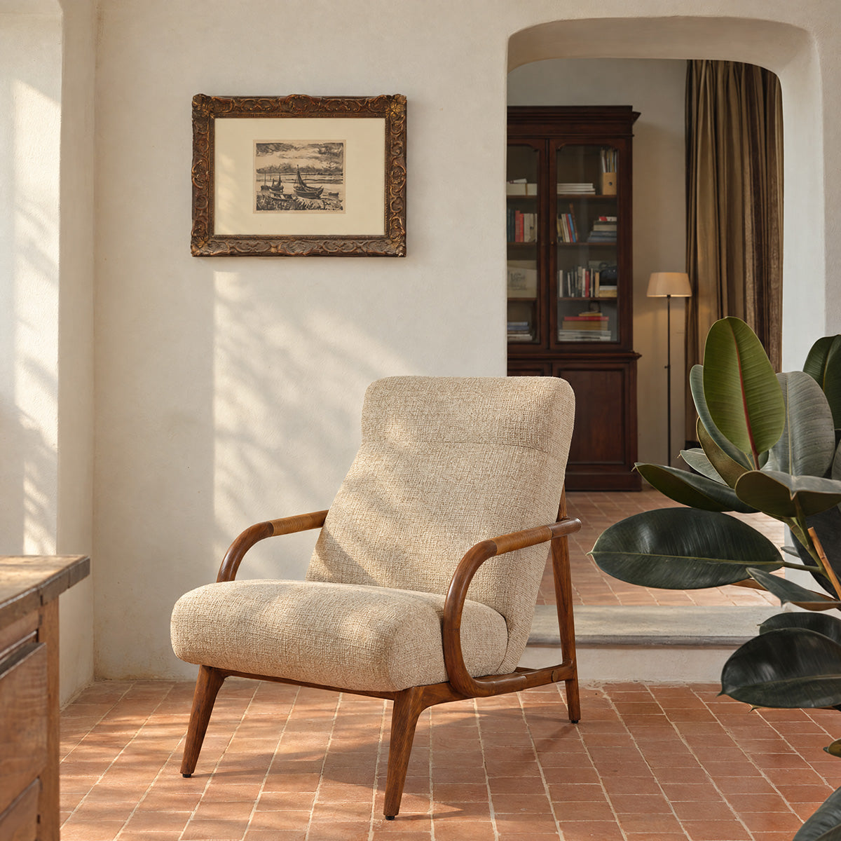 GABIN - Fauteuil en mindi massif, rotin et tissu beige chiné