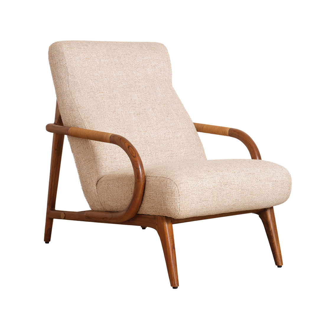 GABIN - Fauteuil en mindi massif, rotin et tissu beige chiné