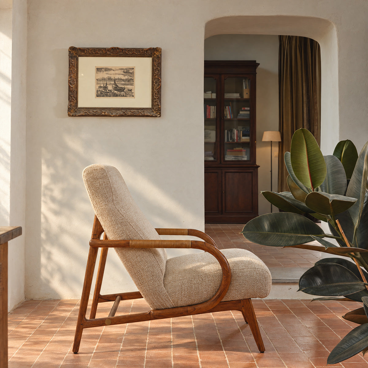 GABIN - Fauteuil en mindi massif, rotin et tissu beige chiné