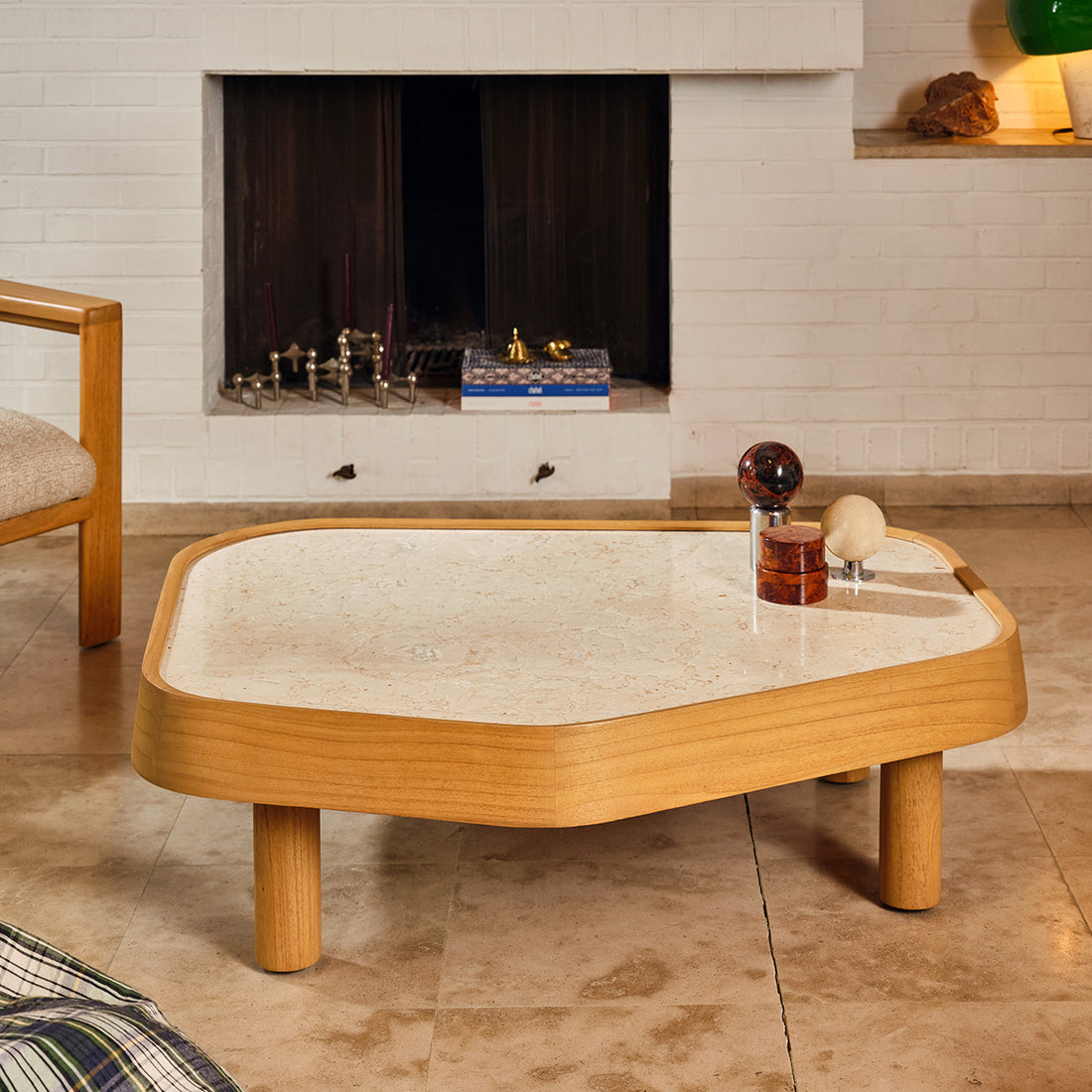 SIMONE - Table basse en mindi naturel et marbre 115 cm