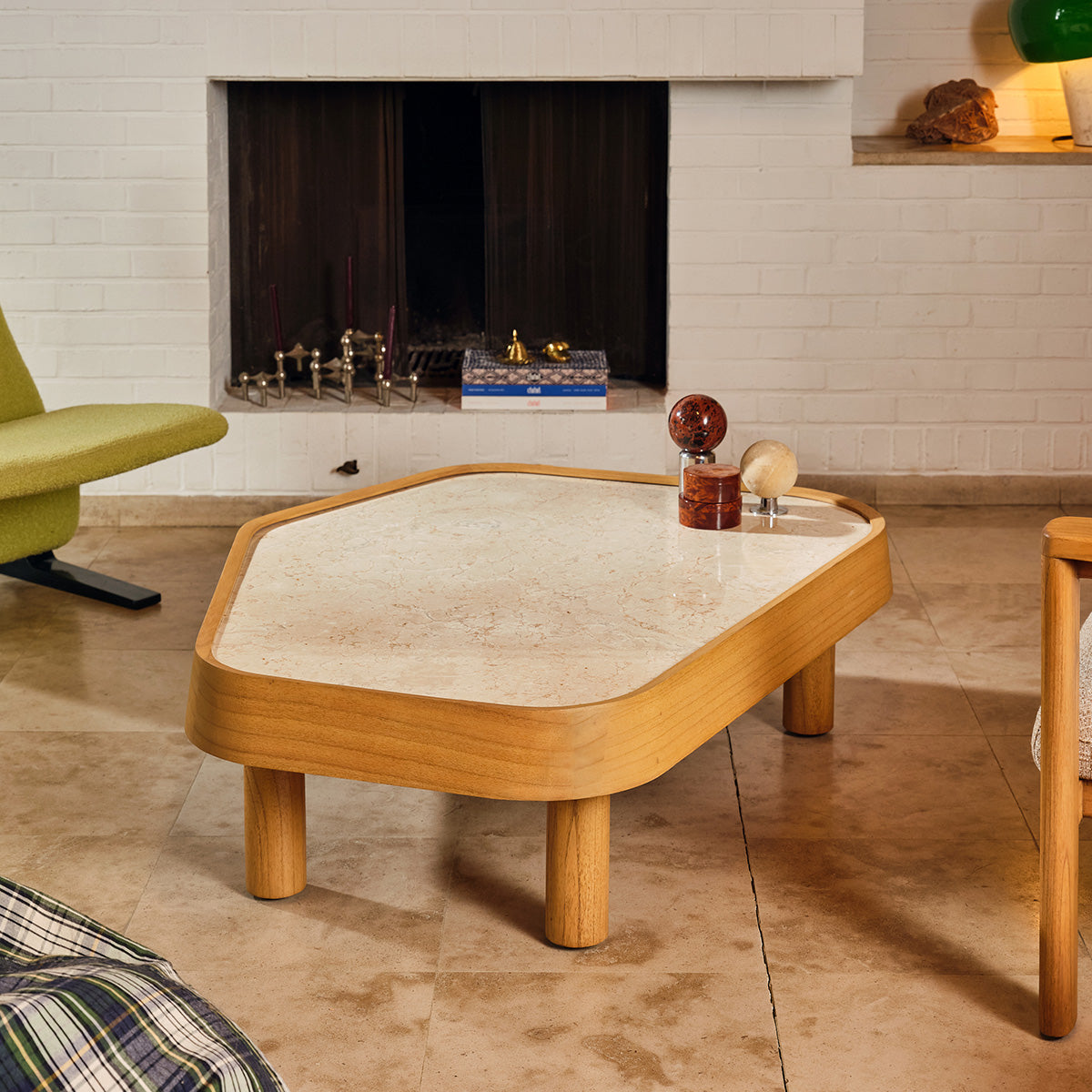 SIMONE - Table basse en mindi naturel et marbre 115 cm