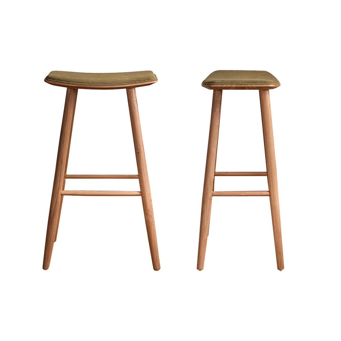AMBRE - Lot de 2 tabourets de bar en teck massif assise velours cotelé 75 cm
