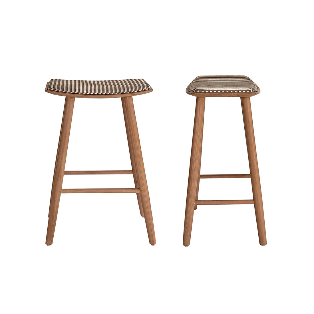 AMBRE - Lot de 2 tabourets de bar en teck massif et assise à rayures 65 cm