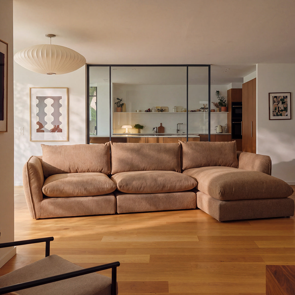 LEOPOLD - Canapé d'angle modulable 3 places en tissu texturé marron clair chiné - méridienne droite